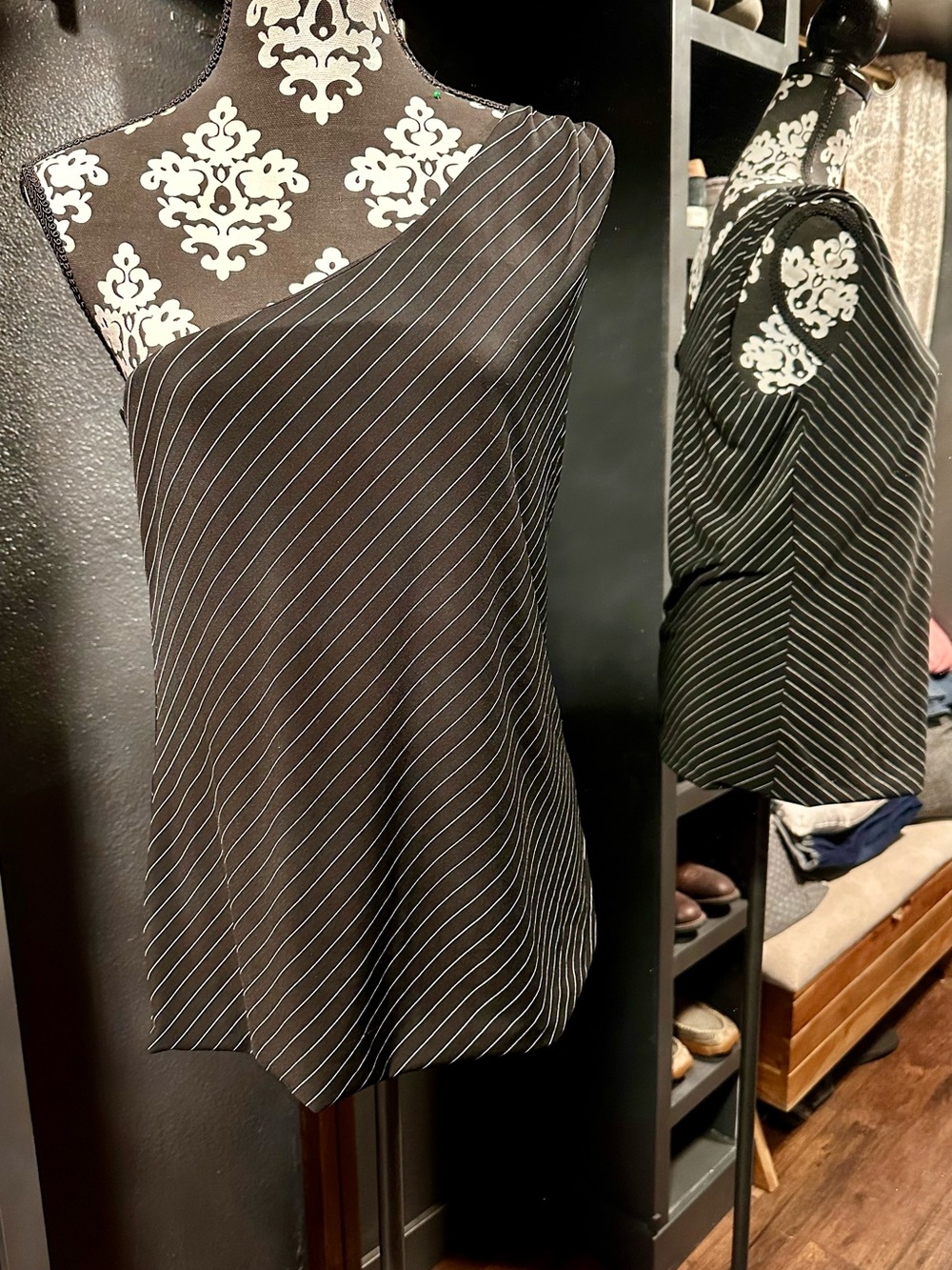 White House Black Market Black with White Pinstripe One-Shoulder Top size L